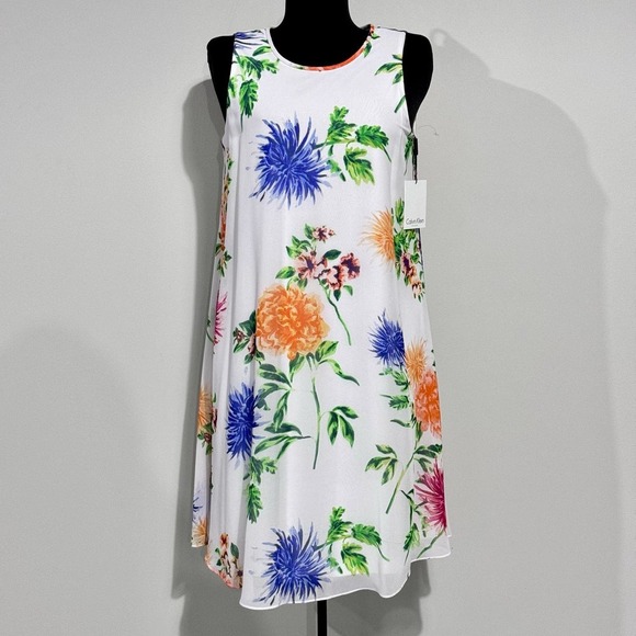 Calvin Klein NWT Elegant CREAM/LILAC Trapeze Floral Printed Chiffon Gown, size 8 - Picture 1 of 11